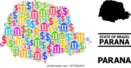 Multicolored bank and business mosaic and solid map of Parana State. Map of Parana State vector mosaic for business campaigns and posters.