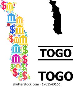 mehrfarbige Bank- und Geschäftsmosaik und solide Karte von Togo. Karte von Togo Vektormosaik für Werbekampagnen und Poster. Die Karte von Togo besteht aus mehrfarbigen Bank- und Dollarteilen.