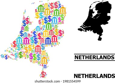 Multicolored bank and business mosaic and solid map of Netherlands. Map of Netherlands vector mosaic for promotion campaigns and propaganda.