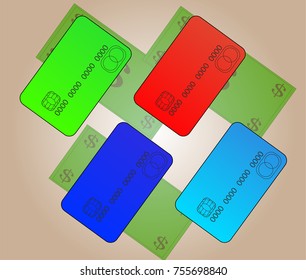 Multicolored bank cards lying on banknotes.