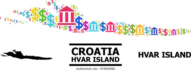 Multicolored bank and commerce mosaic and solid map of Hvar Island. Map of Hvar Island vector mosaic for business campaigns and promotion.