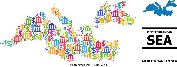 Multicolored bank and commercial mosaic and solid map of Mediterranean Sea. Map of Mediterranean Sea vector mosaic for advertisement campaigns and applications.