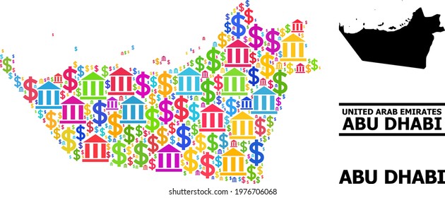 Multicolored bank and dollar mosaic and solid map of Abu Dhabi Emirate. Map of Abu Dhabi Emirate vector mosaic for GDP campaigns and agitprop.