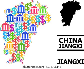 Multicolored bank and dollar mosaic and solid Map of Jiangxi Province. Map of Jiangxi Province vector mosaic for advertisement campaigns and propaganda.