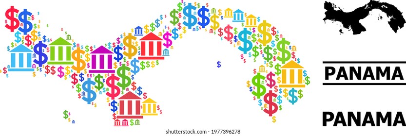 Multicolored bank and dollar mosaic and solid map of Panama. Map of Panama vector mosaic for promotion campaigns and posters. Map of Panama is designed with bright colored dollar and bank particles.
