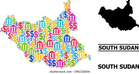 Mosaico de banco multicolor y dólar y mapa sólido de Sudán del Sur. Mapa del mosaico vectorial de Sudán del Sur para campañas y aplicaciones del PIB.