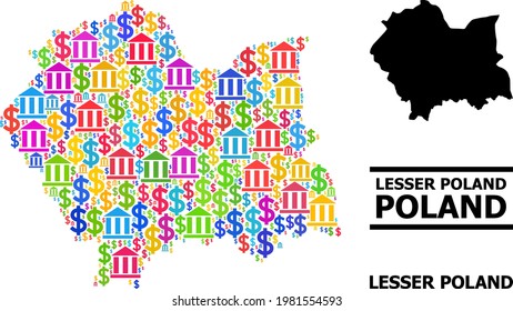 Multicolored bank and dollar mosaic and solid map of Lesser Poland Province. Map of Lesser Poland Province vector mosaic for GDP campaigns and agitation.