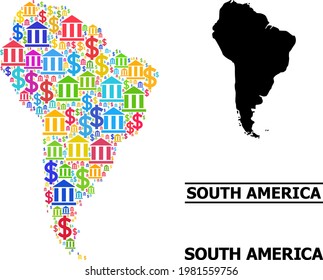Multicolored bank and dollar mosaic and solid map of South America. Map of South America vector mosaic for GDP campaigns and projects.