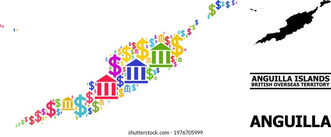 Multicolored bank and economics mosaic and solid map of Anguilla Islands. Map of Anguilla Islands vector mosaic for ads campaigns and proclamations.