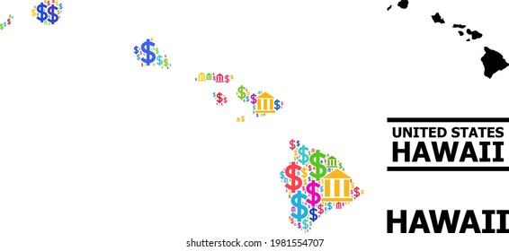 Mosaico de banco multicolor y economía y mapa sólido del estado de Hawaii. Mapa del mosaico vectorial del estado de Hawaii para campañas geográficas y afiches.