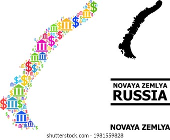 Multicolored bank and economics mosaic and solid map of Novaya Zemlya Islands. Map of Novaya Zemlya Islands vector mosaic for GDP campaigns and projects.