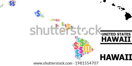 Multicolored bank and economics mosaic and solid map of Hawaii State. Map of Hawaii State vector mosaic for geographic campaigns and posters.