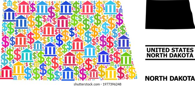Multicolored bank and money mosaic and solid map of North Dakota State. Map of North Dakota State vector mosaic for promotion campaigns and agitprop.
