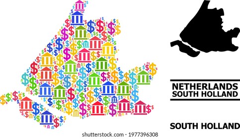 Multicolored bank and money mosaic and solid map of South Holland. Map of South Holland vector mosaic for advertisement campaigns and agitation.