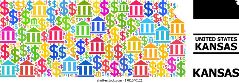Mosaico de banco multicolor y dinero y mapa sólido del estado de Kansas. Mapa del mosaico vectorial del estado de Kansas para campañas y afiches del PIB.