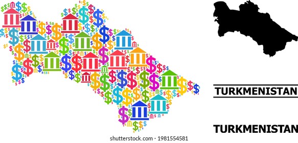 Multicolored bank and money mosaic and solid map of Turkmenistan. Map of Turkmenistan vector mosaic for ads campaigns and posters.