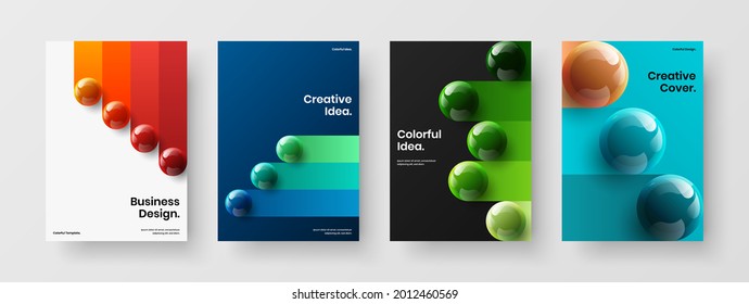 Multicolored banner A4 vector design template composition. Geometric 3D balls company cover illustration bundle.