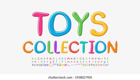 Multicolored banner for children s toys collections. Bright hand drawn font set, uppercase and lowercase letters, numbers, symbols