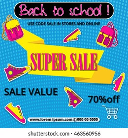 Multicolored banner. Marketing background. Super sale . Modern poster. Special offer 70 percents off. Vector illustration,  school shoes and a backpack
