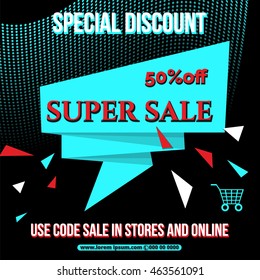 Multicolored banner. Marketing background. Super sale . Modern poster. Special offer 50 percents off. Vector illustration