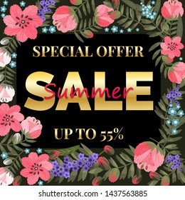 Multicolored banner. Marketing. Summer sale background decorated with flowers. Modern poster. Special offer .