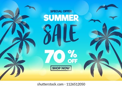 Multicolored banner with tropical palms for Summer Sale. Vector.