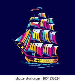 Multicolored battleship of the 17th century on a dark background