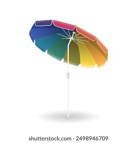 Multicolored Beach Umbrella Isolated On White Background. Realistic 3d Vector Design Perfect For Representing Summer