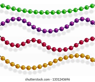 Multicolored beads on a white background. Beautiful chain of different colors. Pure beads are realistic. Decorative element from golden ball design.Vector illustration.