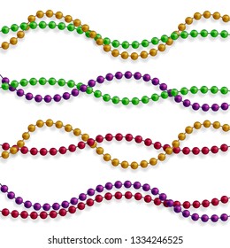 Multicolored beads on a white background. Beautiful chain of different colors. Pure beads are realistic. Decorative element from golden ball design.Vector illustration.