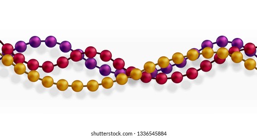 Multicolored beads on a white background. Beautiful chain of different colors. Pure beads are realistic. Decorative element from golden ball design.Vector illustration.