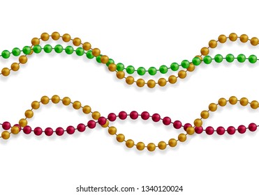 Multicolored beads on a white background. Beautiful chain of different colors. Pure beads are realistic. Decorative element from golden ball design.Vector illustration.