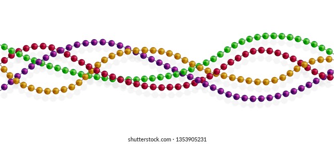 Multicolored beads on a white background. Beautiful chain of different colors. Pure beads are realistic. Decorative element from golden ball design.Vector illustration.