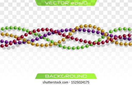 Multicolored beads on a white background. Beautiful chain of different colors. Pure beads are realistic. Decorative element from golden ball design.Vector illustration.