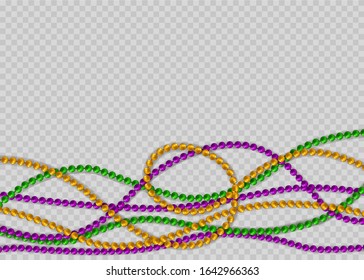 Multicolored beads on a white background. Beautiful chain of different colors. Decorative glossy realistic elements for design Mardi Gras. Beads Isolated on transparent background.