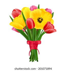 Multicolored beautiful blossoming blooming tulip flower bouquet realistic vector illustration.