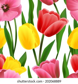 Multicolored beautiful blossoming blooming tulip flower seamless pattern vector illustration.