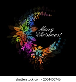 Multicolored beautiful Christmas wreath. Ramadan Kareem. Moon made of flowers. Mixed media. Vector illustration