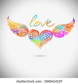 Multicolored beautiful heart. Flying heart with wings. tattoo object. Valentine sign. Design element. Vector illustration.