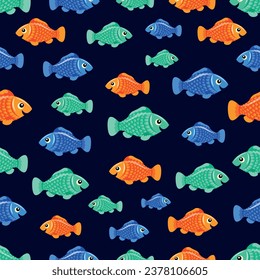 Multi-colored, beautiful and small fish swim gracefully in the pond, sea, ocean, water, 
seaweed, vector, seamless pattern, colored, art, illustration, background, isolated