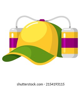 Multicolored beer fest helmet for drinks with two aluminum container cans and hose for comfortable alcohol drinking vector illustration. Pub cap headdress construction for party holiday celebration