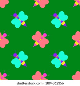 Multicolored bees on a green background, texture for design, seamless pattern, vector illustration