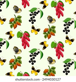 Multicolored berries and butterflies.Vector seamless pattern with colorful berries and bright butterflies on a colored background.