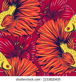 Multicolored Betta Fish Seamless Pattern. Siamese Fighting Fish. Amaryllis Flower. Background Wallpapers. Suitable for wall art, fabric design image, etc.