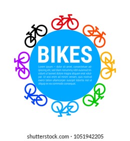 Multicolored Bicycle Icons and Blue Circle Background. Around the World on a Bicycle Concept. Vector Illustration. Great Background for Your Poster, Banner, Presentation.