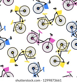 Multicolored bicycles with basket seamless vector pattern