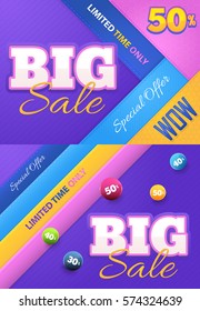 Multicolored Big Sale Theme Website Banner Set, Card, Flyer Ad Design. Colorful Layers Horizontal Background Illustration. Glossy Style Discount Balls