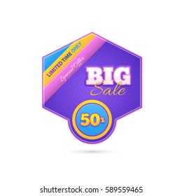 Multicolored Big Sale Theme Website Banner, Card, Flyer, Tag Ad Design. Colorful Badge Illustration. Glossy Style Discount Ball Isolated on White Background