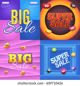 Multicolored Big Sale Theme Website Banner Set. Card, Flyer Ad Design. Colorful Layers Background Illustration. Glossy Style Discount Balls