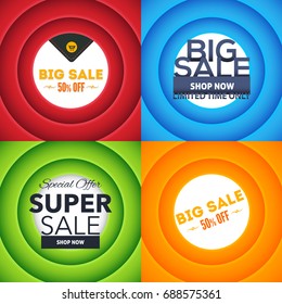 Multicolored Big Sale Theme Website Banner Set. Card, Flyer Ad Design. Colorful Layers Background Illustration Set